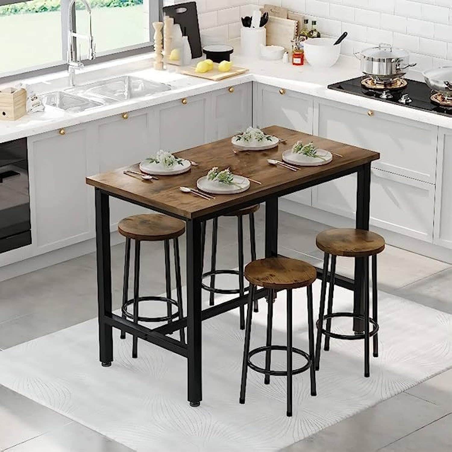 Woodx 5-Piece Rustic Dining Table Set with Bar Stools | Metal Frame | Home Pub Furniture