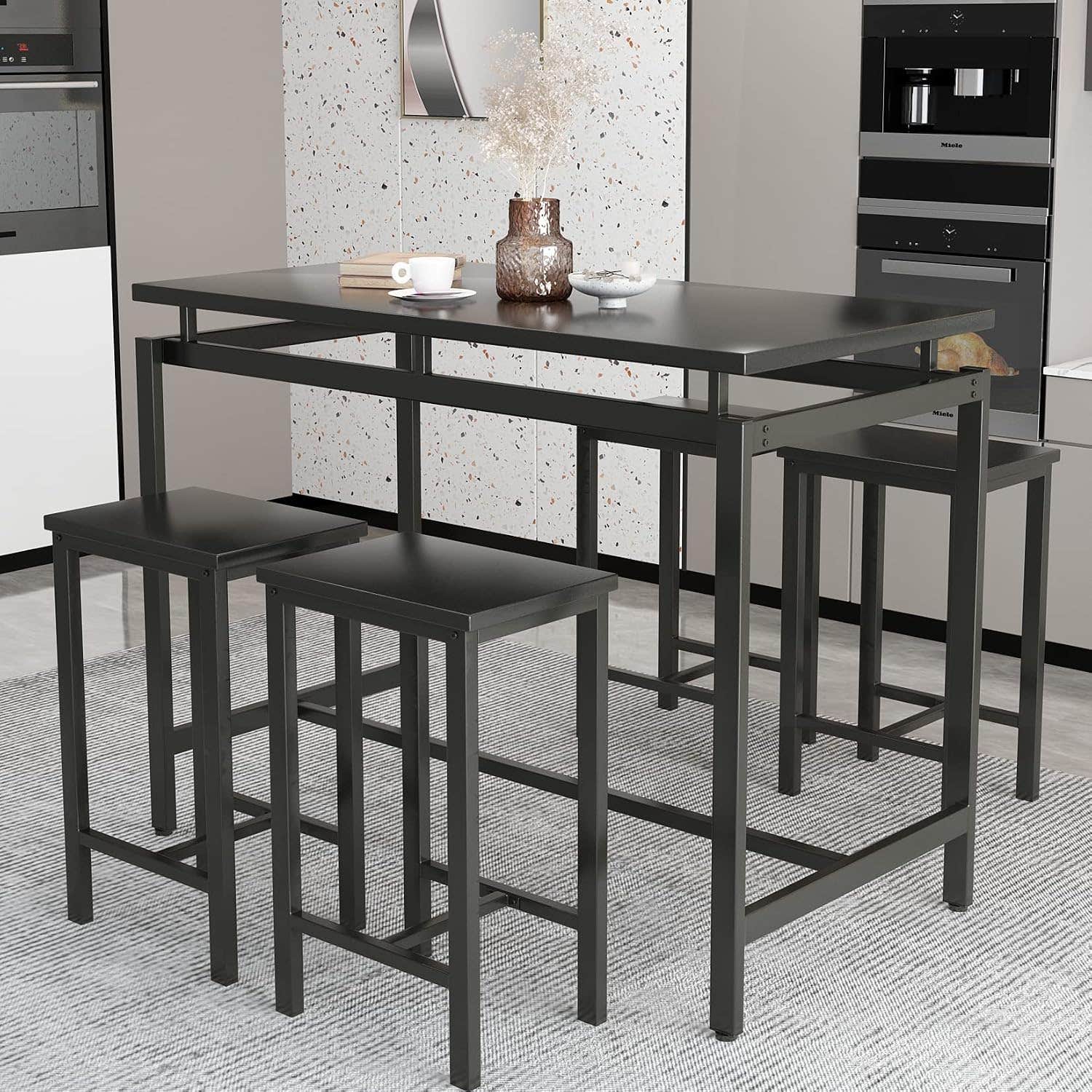 AWQM 5-Piece Modern Dining Table Set with Bar Stools in Black-2