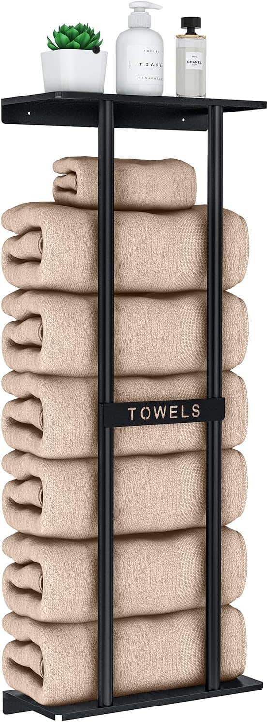 STWWO Bathroom Towel Storage Rack, Towel Racks for Bathroom Wall Mounted 30 inch with Shelf Can Holds 6 Large Towels, Wall Towel Rack for Rolled Towels, Black
