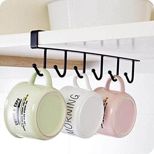 Under Cabinet Mug Holder, Metal, 6 Hooks, 2 Pieces, Black