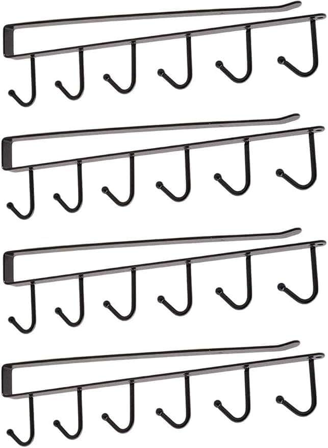 Under Cabinet Mug Holder, Metal, 6 Hooks, 5 Pieces, Black