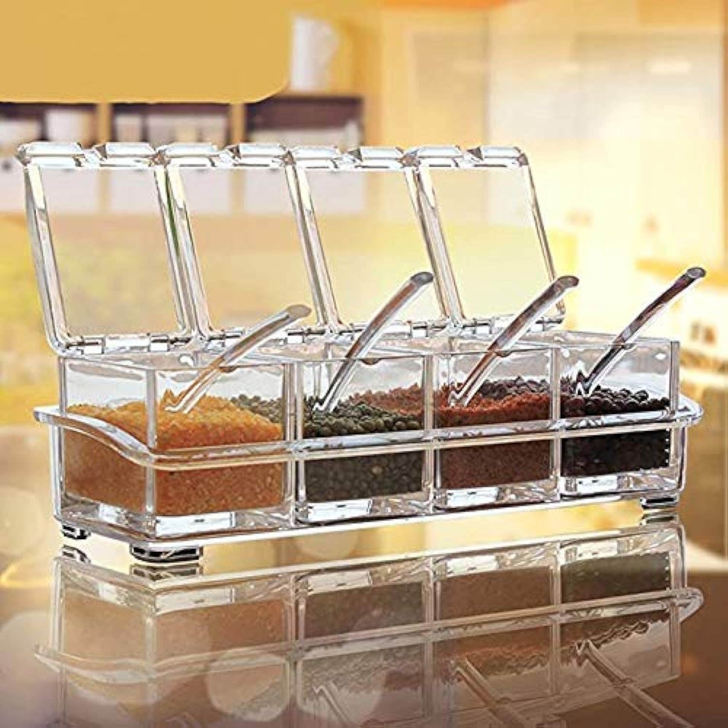 Acrylic Clear Spice Rack 4 Pieces Crystal Seasoning Box Set Kitchen Storage Jar Container with 4 Spoon - Pack of 1