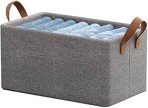 Fabric Storage Basket with Leather Handles, Grey Linen Organiser Bin for Shelves, Closet, and Home (1)
