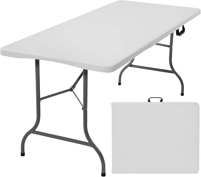 Portable Folding Table, 180cm White Plastic, Indoor Outdoor Utility Table with Steel Frame, Rectangular Design for Events, Banquets, Camping