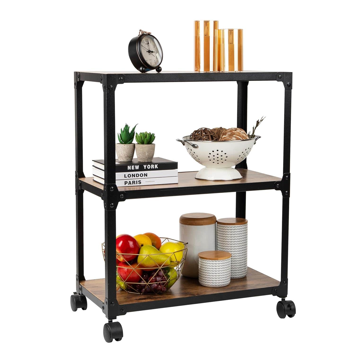 Mind Reader 3 Tier Wood/Metal Utility Cart - Rustic Black/Brown Rolling Bar Cart