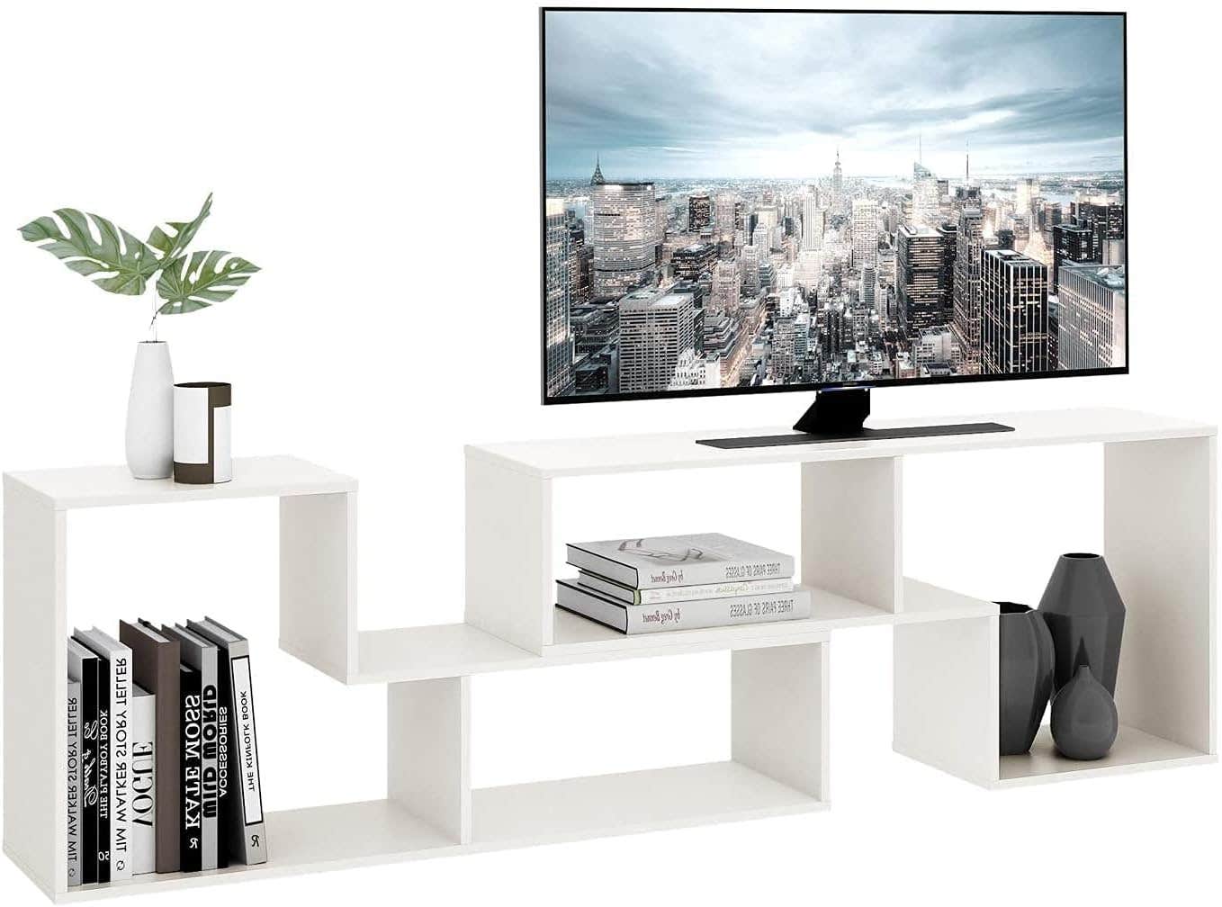 DEVAISE Modern White TV Stand for 55-65 inch TV, Entertainment Center with Storage Shelf