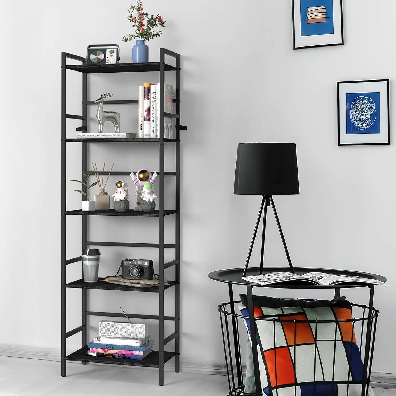 Tall Black 5-Tier Bookshelf Storage Organizer for Small Space