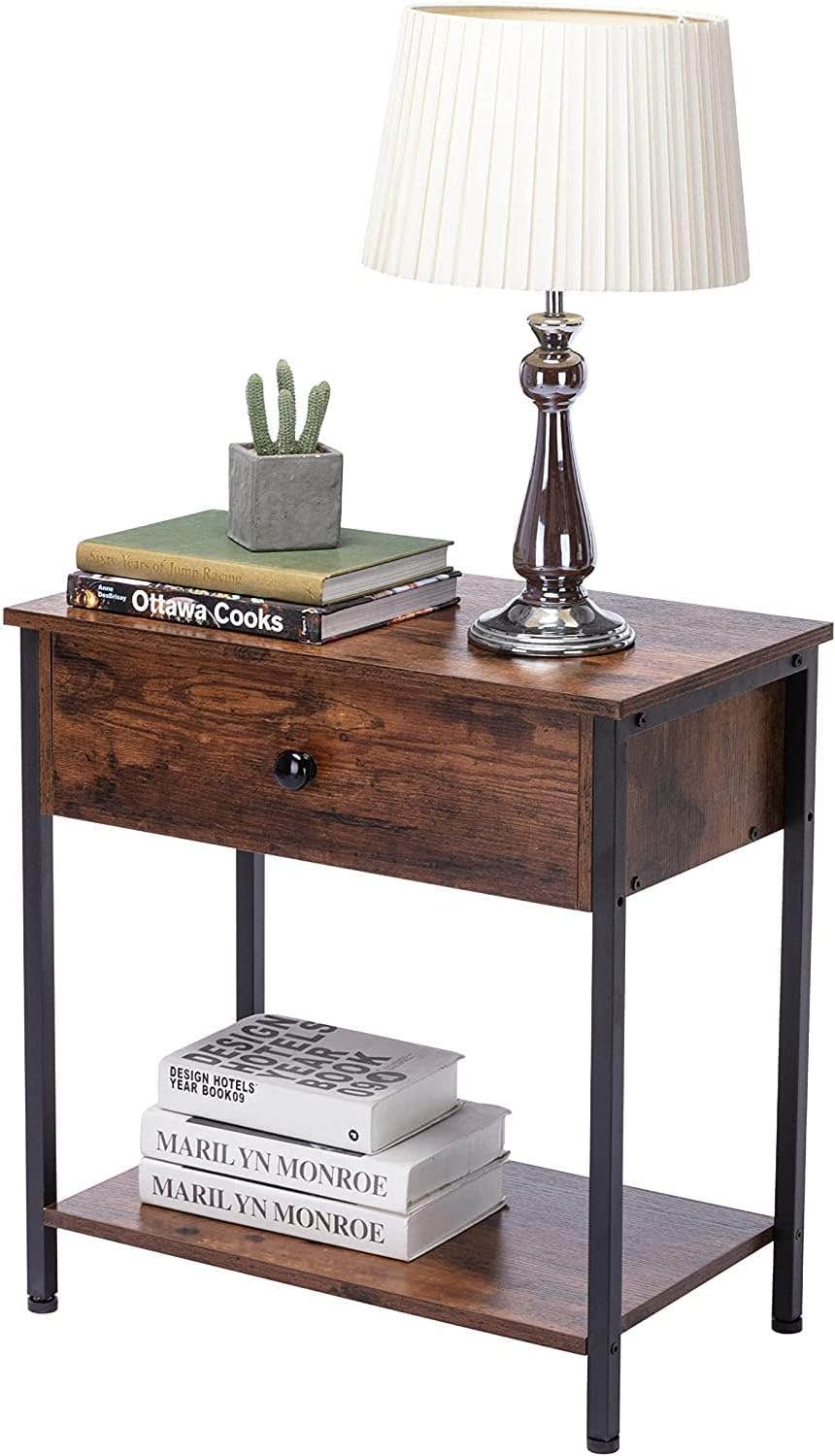 DYHOME Industrial Brown End Table with Storage Drawer and Metal Legs