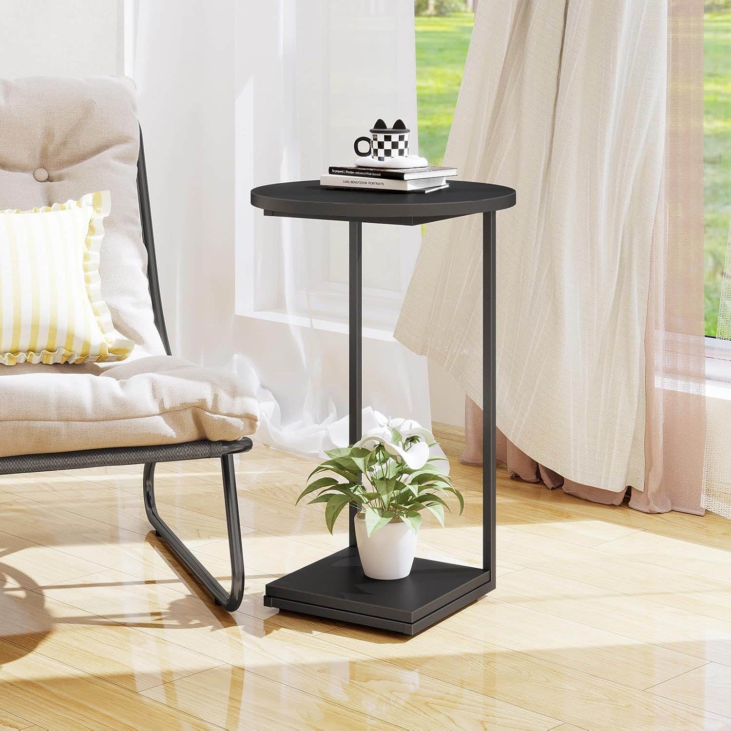 DCLRN Modern Black C-Shaped End Table for Sofa and Living Room