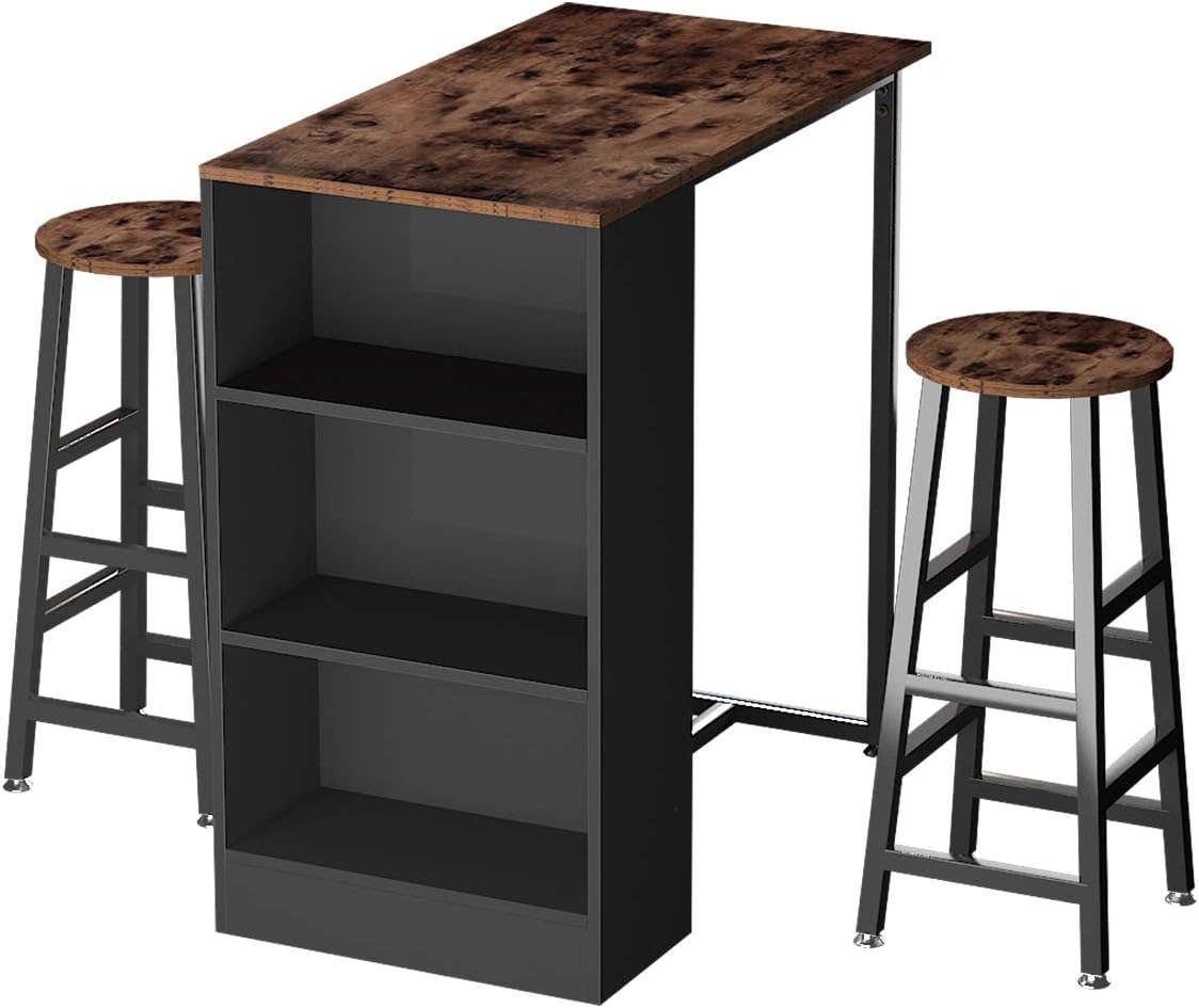 Sogesfurniture 3-Piece Pub Bar Table Set with 2 Stool Storage Shelves, Brown