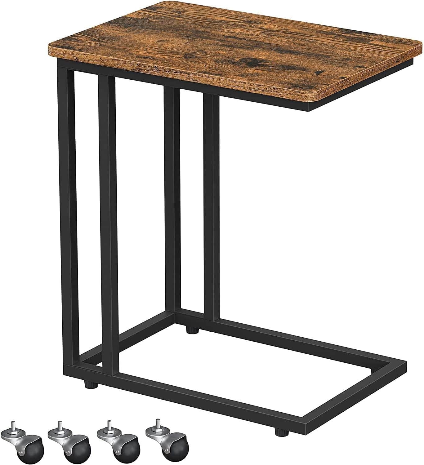 Chulovs End/Side Table, TV Tray, C Shaped Snack Table with Metal Frame, Rolling Casters, Industrial, for Living Room, Sofa Couch, Bedroom, walnut