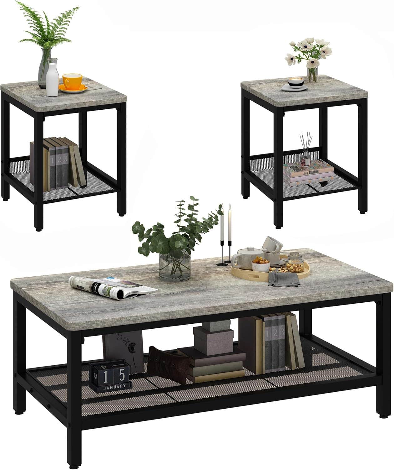 AWQM 3-Piece Industrial Coffee Table Set - Grey Metal Frame