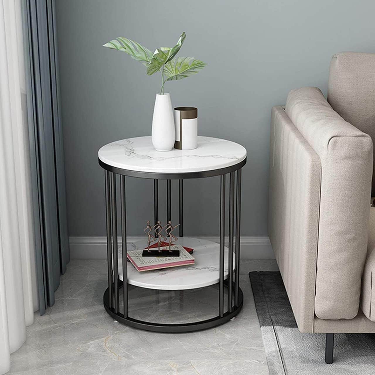 Side End Table with Striped Top and Metal Frame for Living Room, Bedroom (Black White)