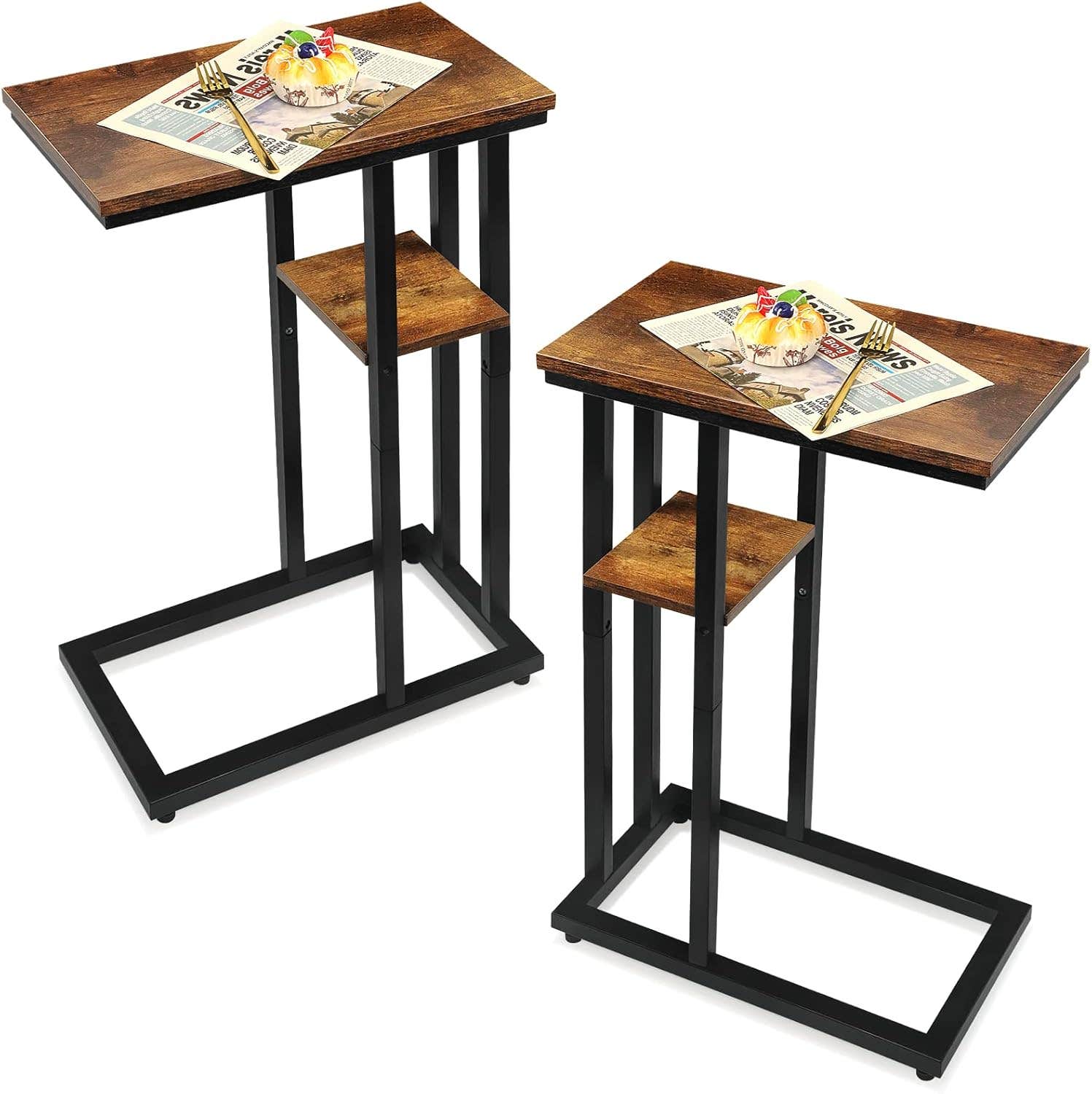 JMLHMXC Set of 2 C-Shaped Bamboo Side Tables for Small Spaces, Modern Rustic Brown
