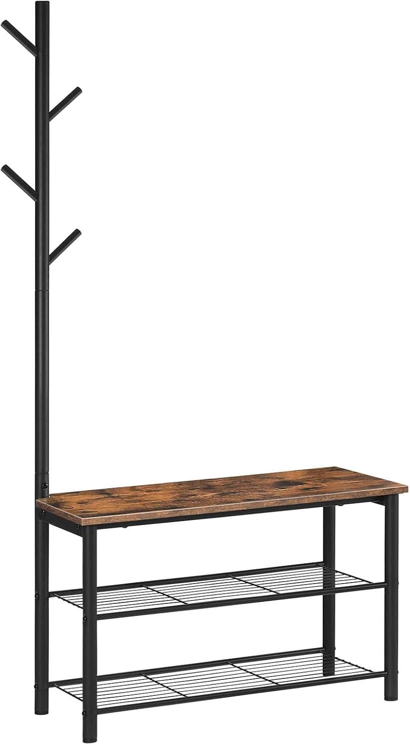 HOOBRO Shoe Bench, 28.3" Entryway Bench with Coat Rack, 3-Tier Shoe Rack and Coat Stand, Multifunctional, with Mesh Shelves, Strong and Durable, Industrial Style, Living Room, Bedroom BF12HX01