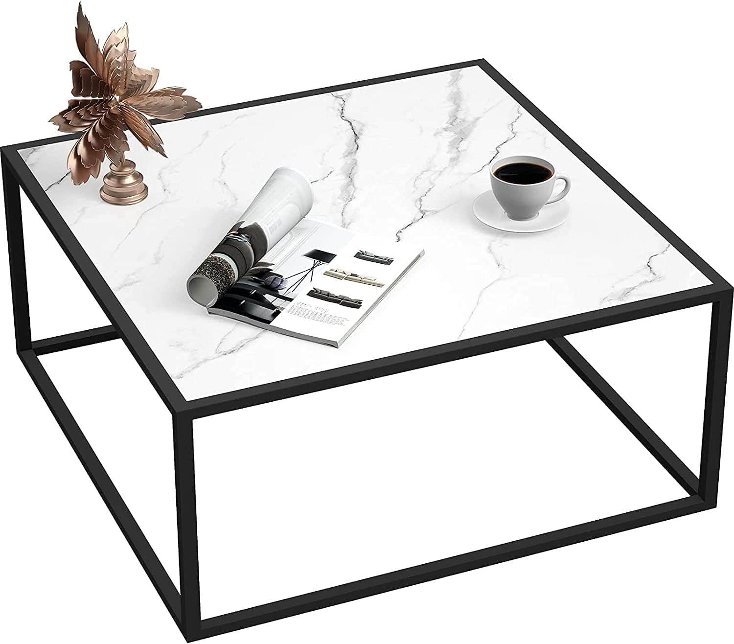 SAYGOER Marble Coffee Table Small Square Coffee Tables Simple Modern Center Table for Living Room Home Office 27.6 * 27.6 * 15.7 Inch, Easy Assembly, White Marble