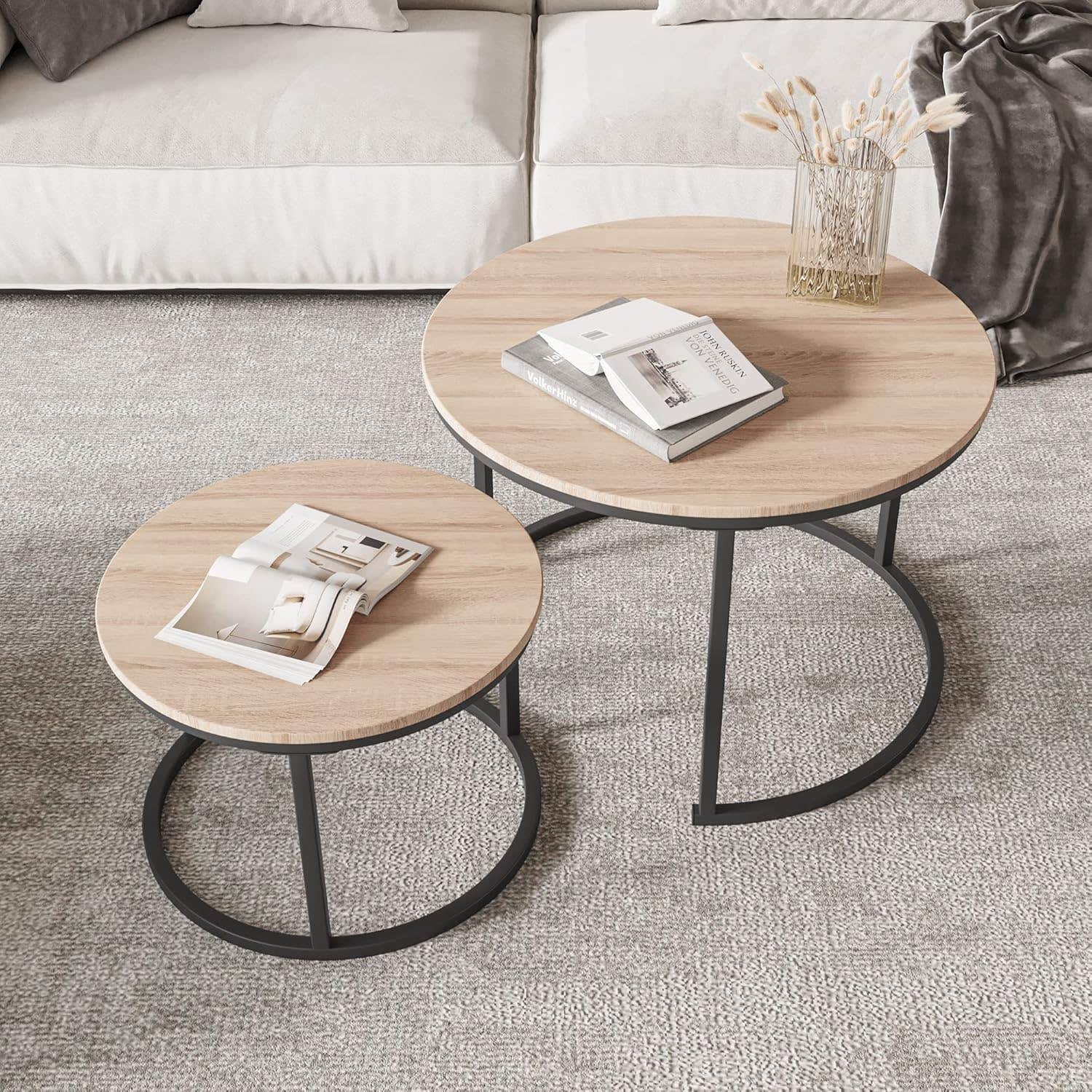 FOUBAM Round Coffee Tables Set of 2 Side Stackable for Small Spaces - Metal Frame - Easy Assembly (Black + Natural Walnut)