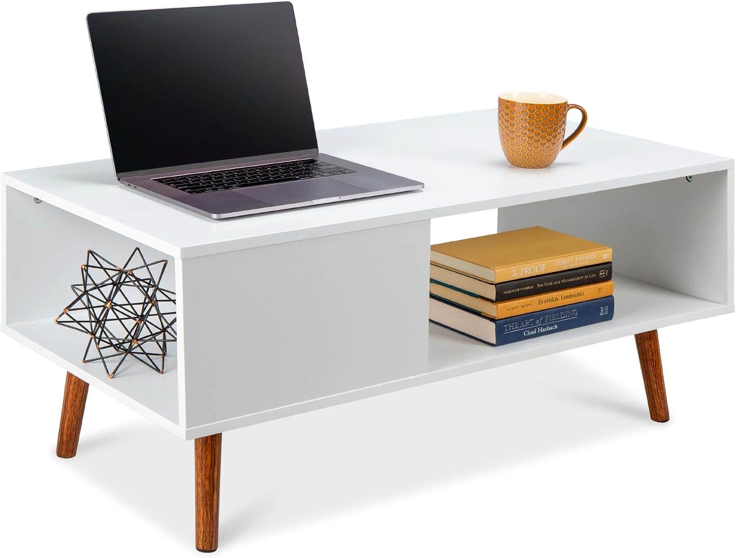 Mid-Century Modern Wooden Coffee Table with Open Storage Shelf - White/Brown