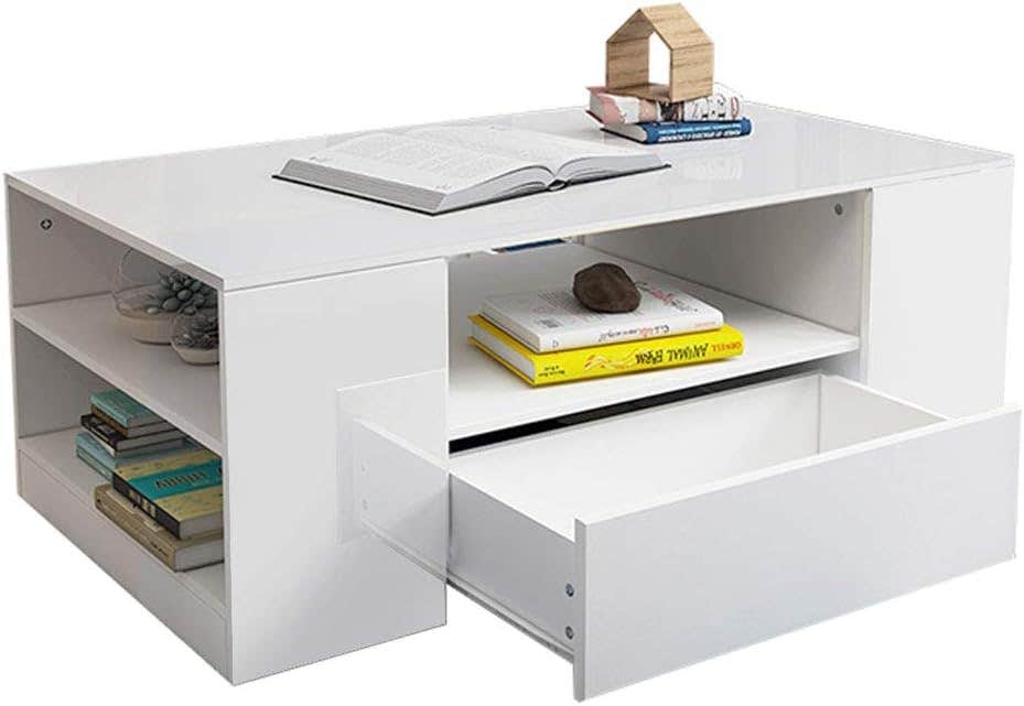 Zerodis Modern Rectangular Coffee Table, High Gloss Desk with Storage Drawer, 2 Layers Coffee Table Furniture for Living Room Office, 37.4 x 21.7 x 14.6inch(White)