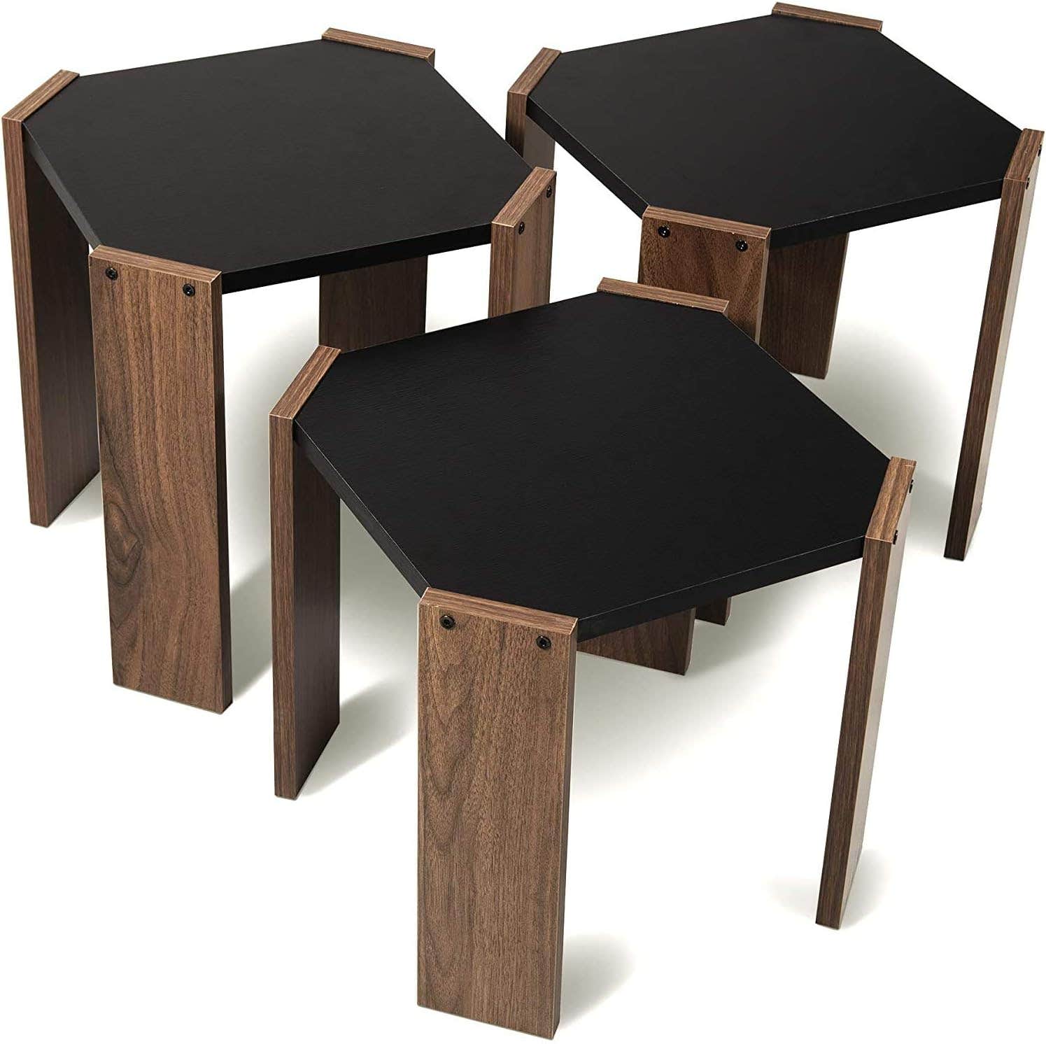 Rafevi Hansel Nested Coffee Table Set of Three for Living Room Home Office Contemporary Stacking End Side Table Leisure Night Stand Telephone Table (Walnut-Black)