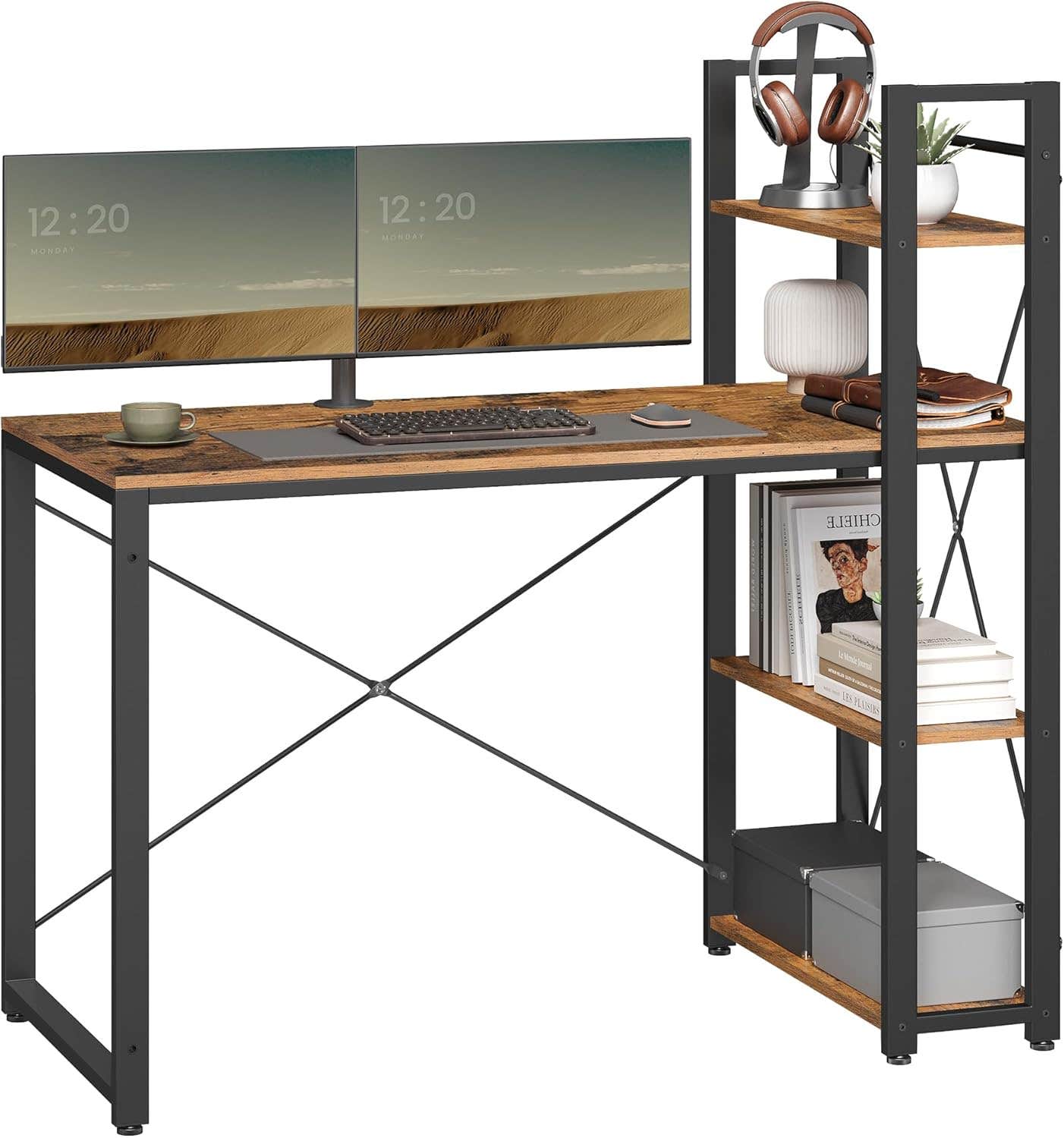 VASAGLE Computer Desk, 120 cm Writing Desk with Storage Shelves on Left or Right, Stable, Easy Assembly, for Home Office, Industrial Style, Rustic Brown and Black LWD48X