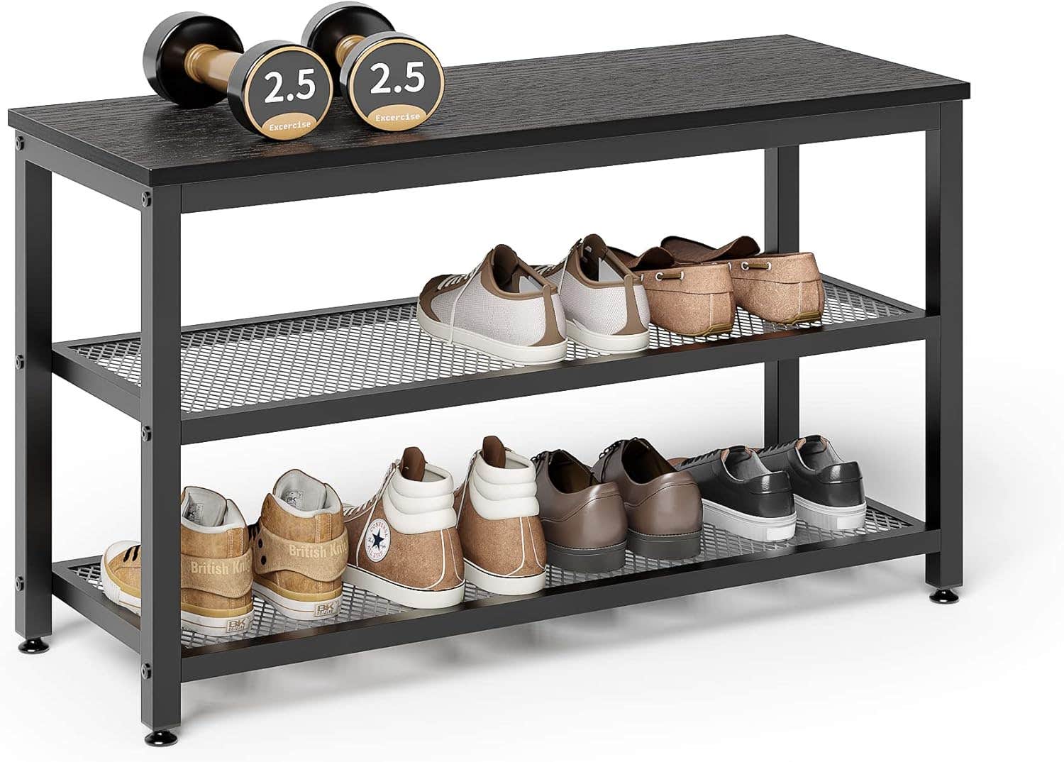 JOISCOPE 3-Tier Industrial Shoe Bench with Seat, Black Walnut Finish
