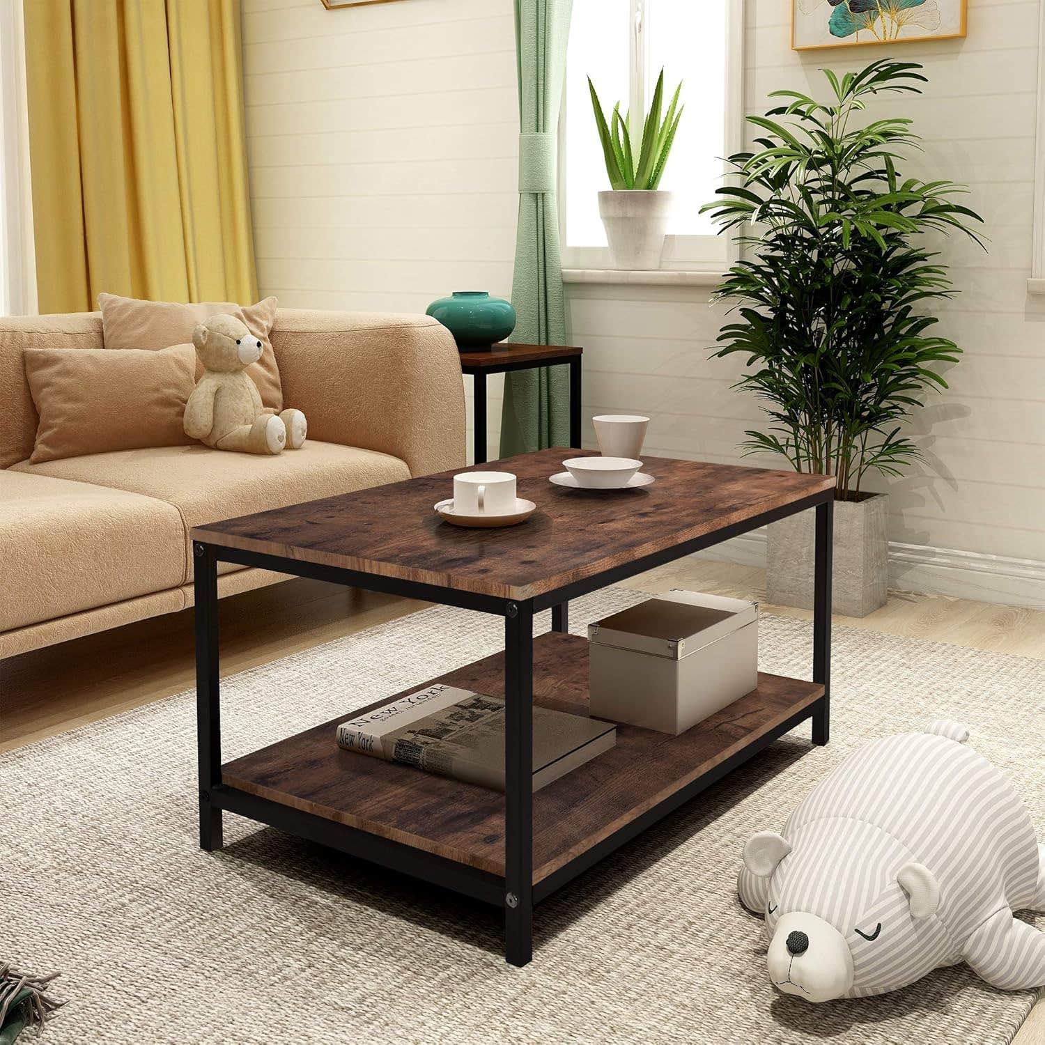 Coffee Table with 2-Tier Storage Shelf Wood Look Accent Metal Frame Modern Furniture for Living Room and Bedroom(Rustic Brown Color)