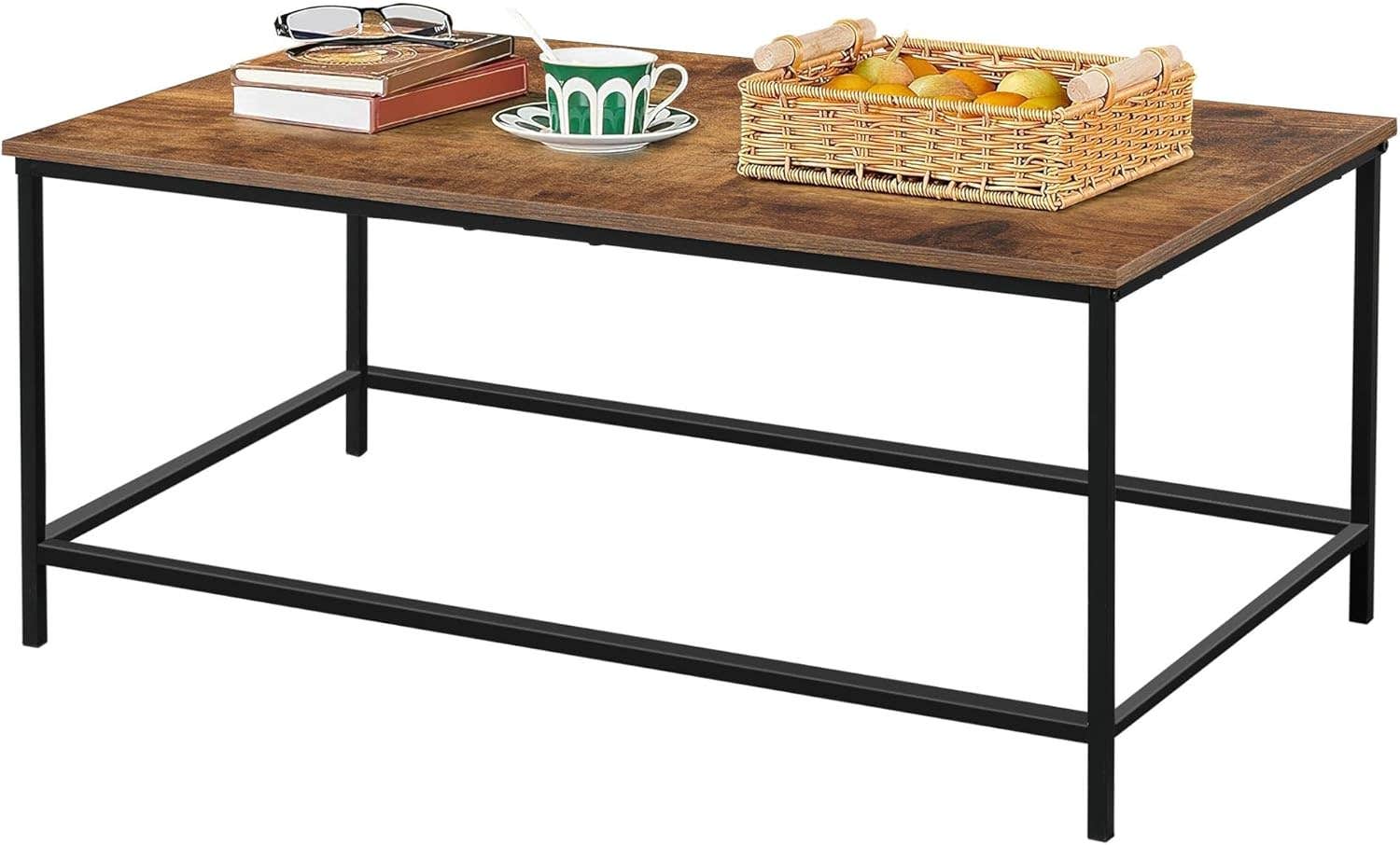 SENIG Rustic Walnut Coffee Table with Storage Shelf, Rectangle Wood & Metal Side Table, TV Stand - Classic Brown 39.3in