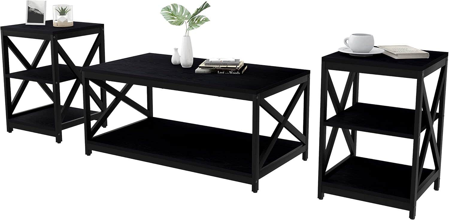 Bigbiglife Living Room Coffee Table Set of 3, Industrial X-Design Coffee Table and 2 End Side Tables, 3 Piece Black
