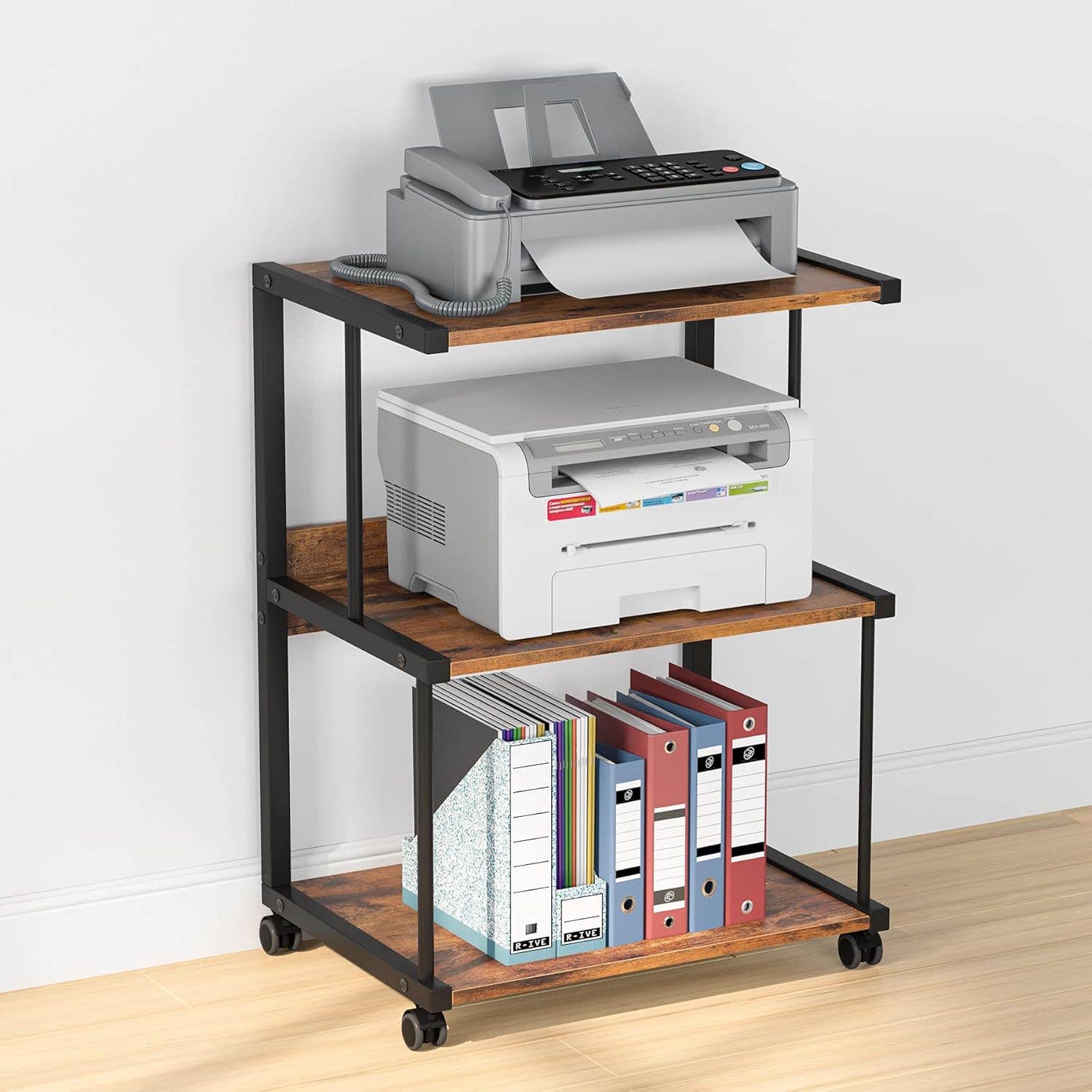Tribesigns Rustic Brown 3-Tier Printer Stand with Wheels