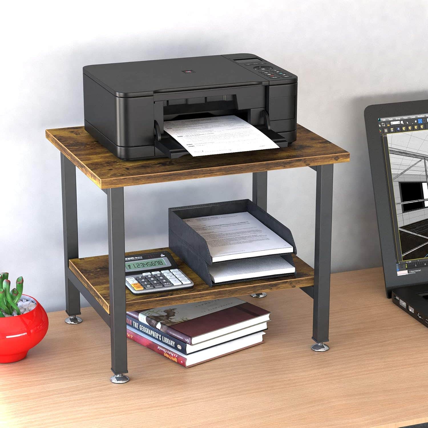 Auoace Rustic 2-Tier Wood Printer Stand for Home Office - Adjustable Desk Shelf Organizer