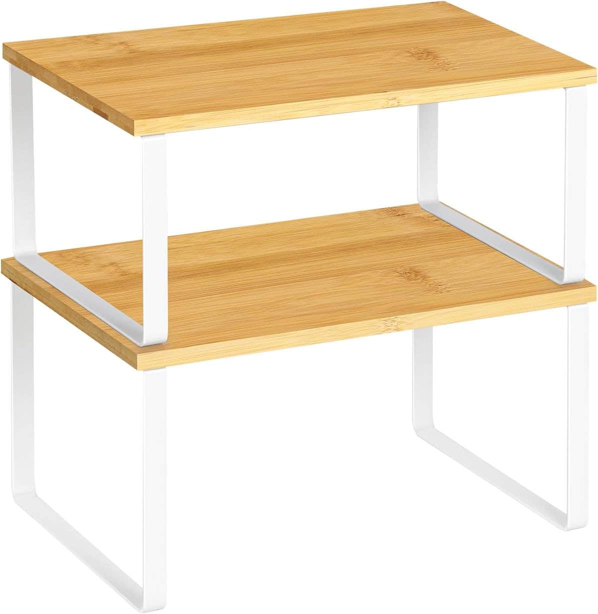 Shinoske Stackable Expandable Kitchen Cabinet Organizer Shelf - Bamboo and Metal, White