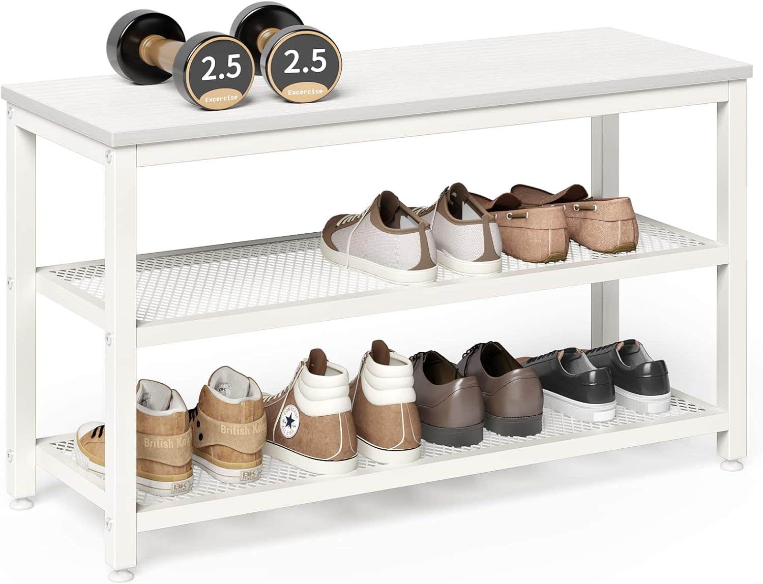 JOISCOPE 3-Tier Shoe Bench with Seat, Industrial Storage Rack - White Oak Finish