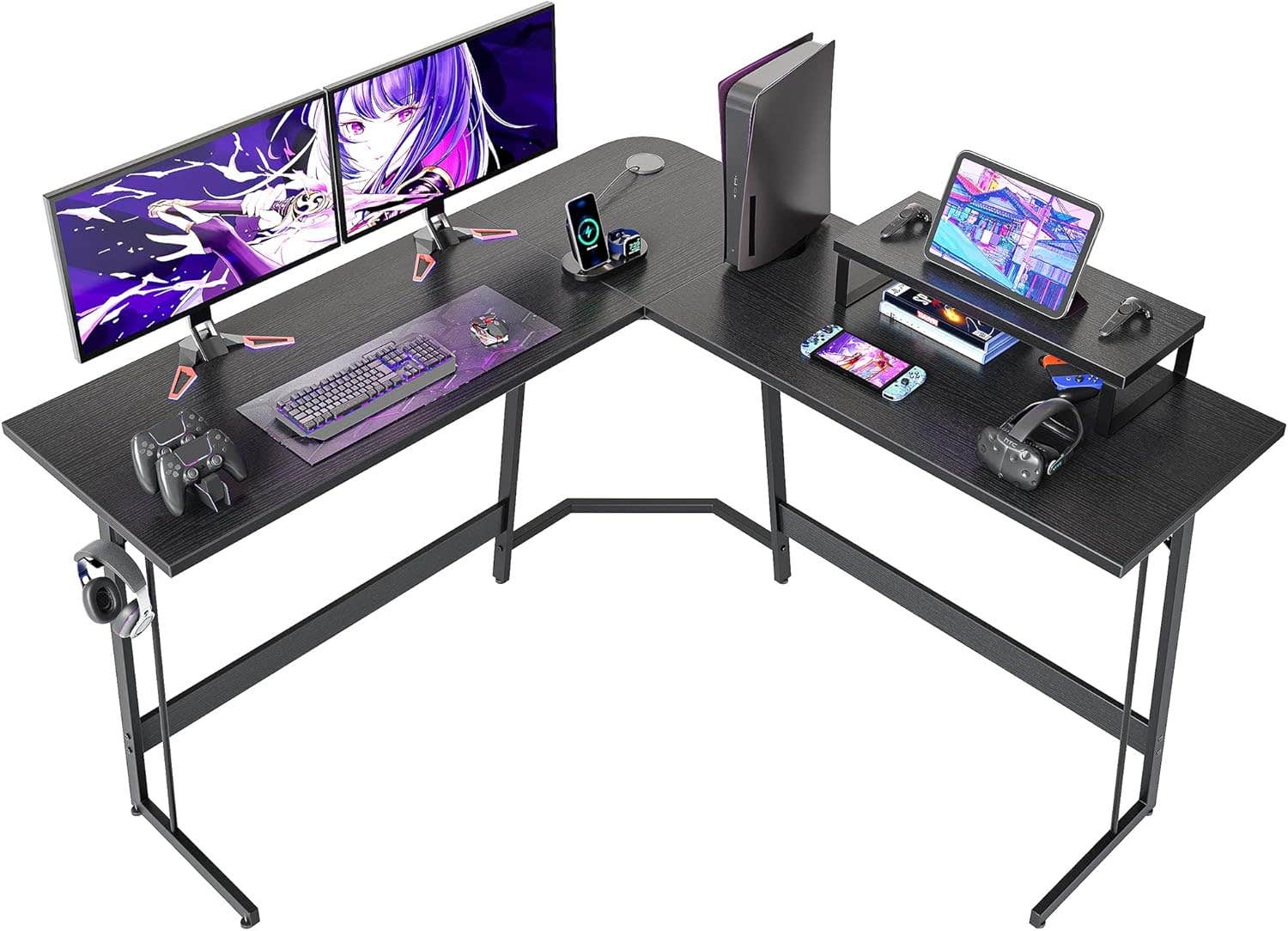 CubiCubi L Shaped Gaming Desk with Monitor Stand - Black, Adjustable Workstation