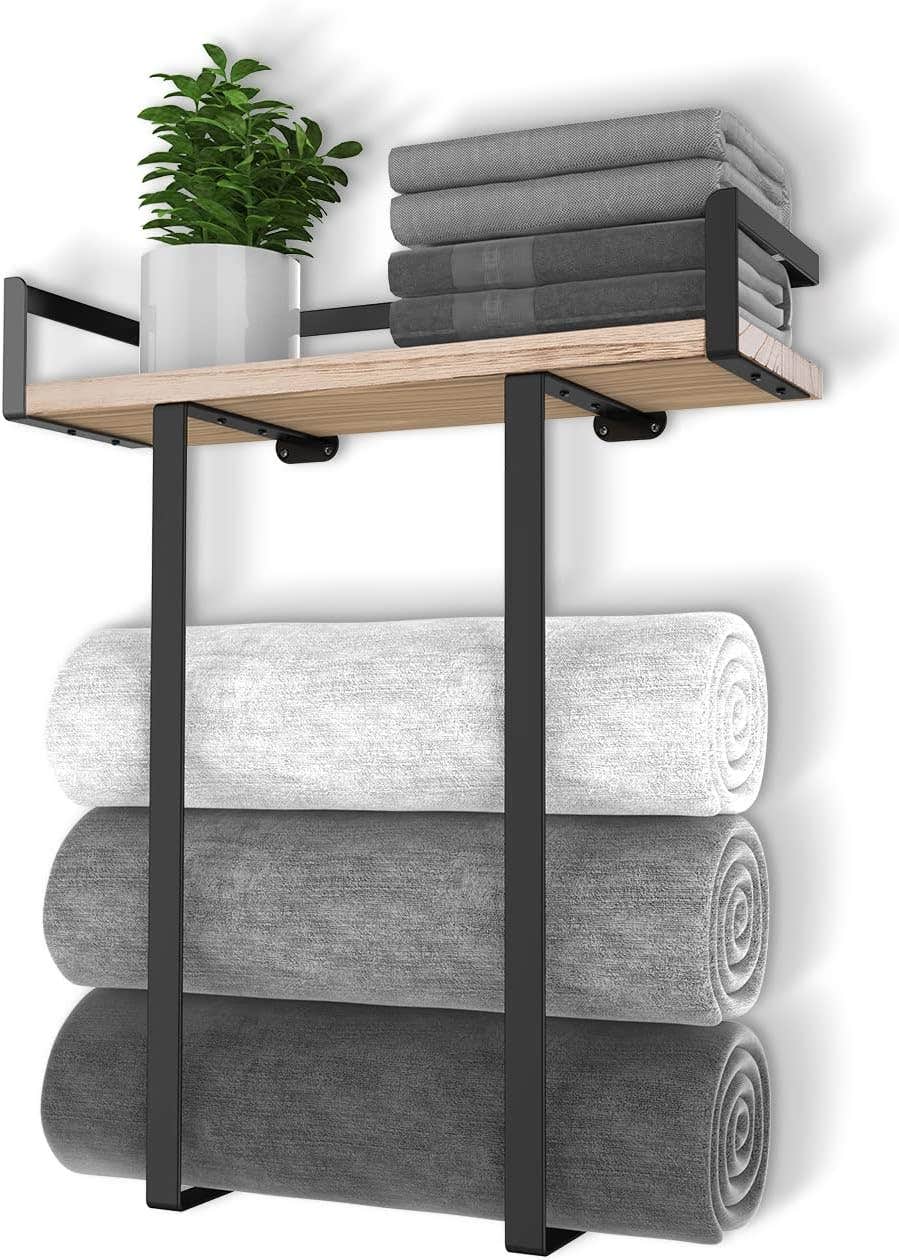 Xstydes Wall Mounted Towel Rack with Wooden Shelf - Bathroom Storage Organizer, Black