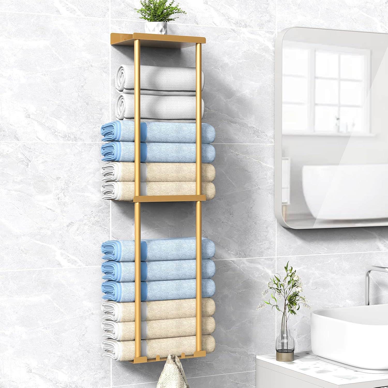 Liuoud Gold Vertical Towel Rack with 2 Tier Design - Holds 6 Large Bath Towels