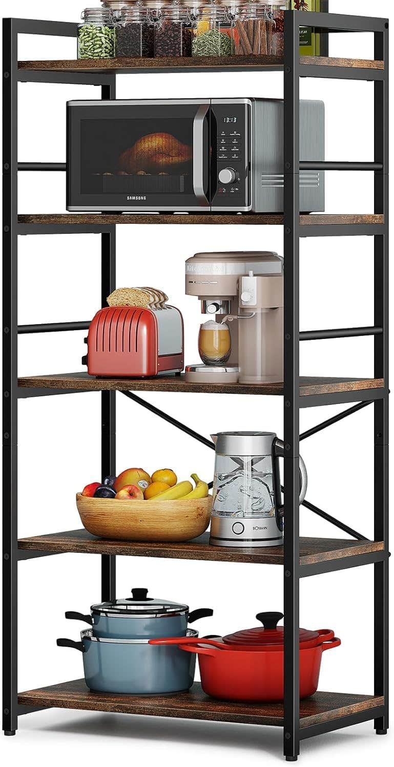 5 Tier Kitchen Rack, Black Metal Frame with Wooden Shelves, Versatile Storage Unit for Kitchen and Appliances