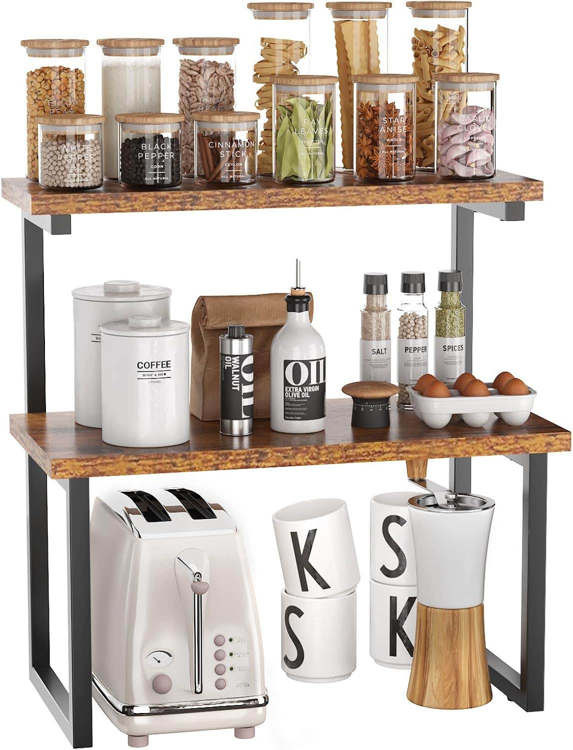 IBUYKE 2-Tier Standing Spice Rack, Countertop Organizer - Metal & Wood, Non Slip - Kitchen & Bathroom Storage Shelf