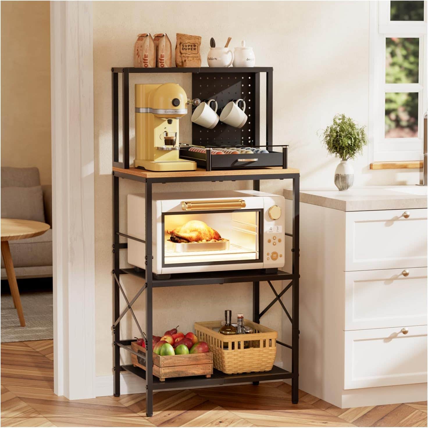 Anniper Kitchen Bakers Rack with Pegboard, 4-Tier Coffee Bar Table & Microwave Stand