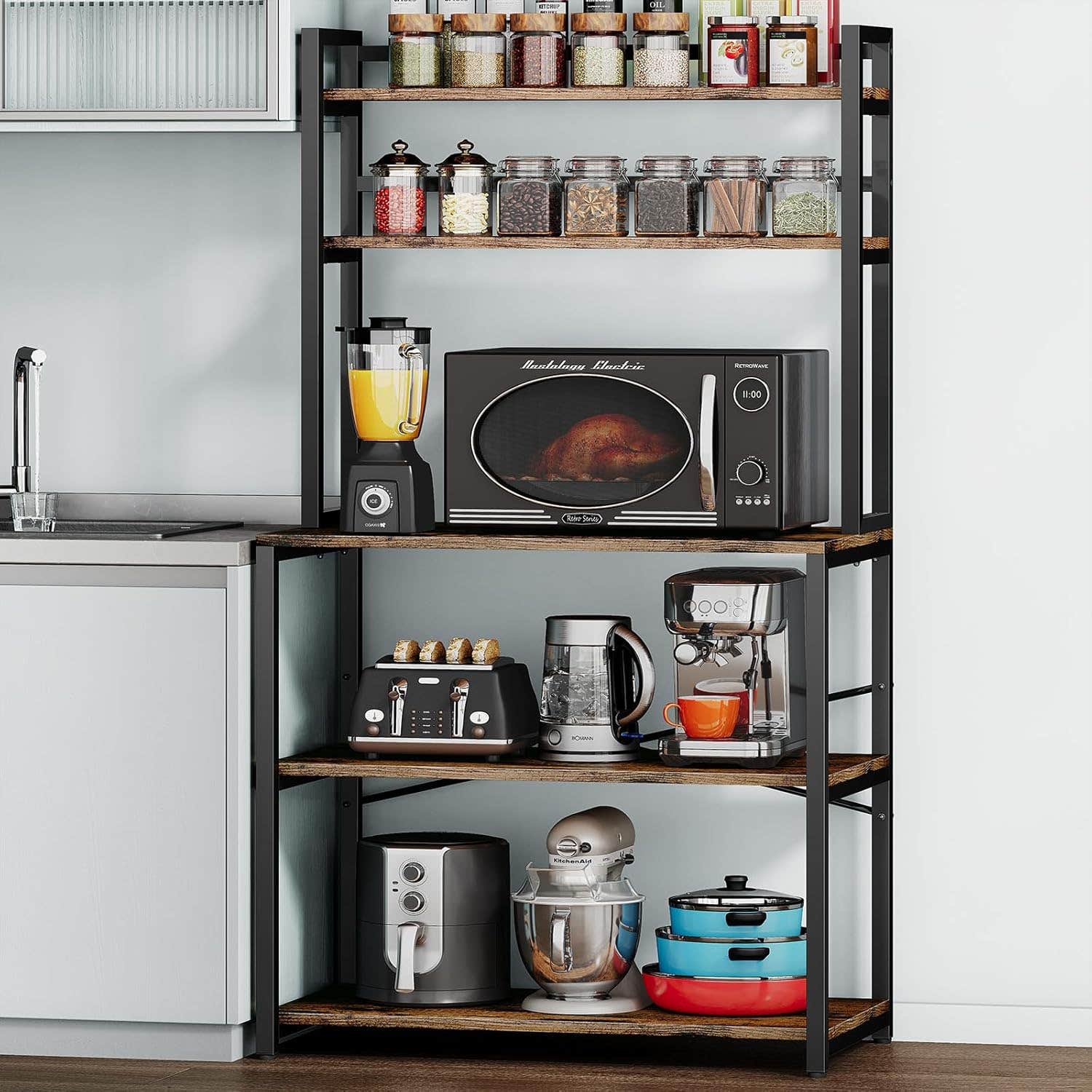 Denkee 5-Tier Kitchen Bakers Rack, Industrial Microwave Stand - Rustic Brown