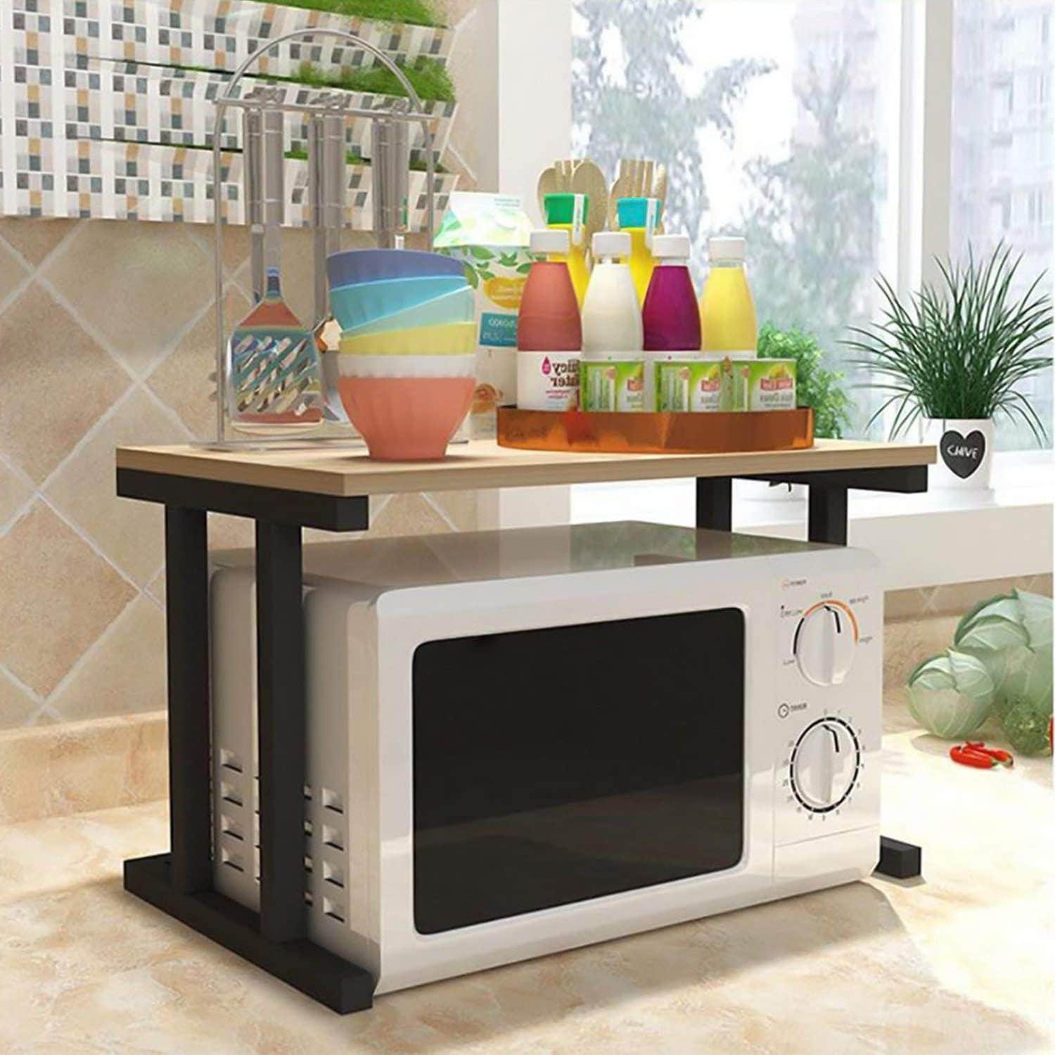 Everline 22500 I Series Microwave Stand, Kitchen Organizer - Metal & Wood, Brown Black Pipe Frame