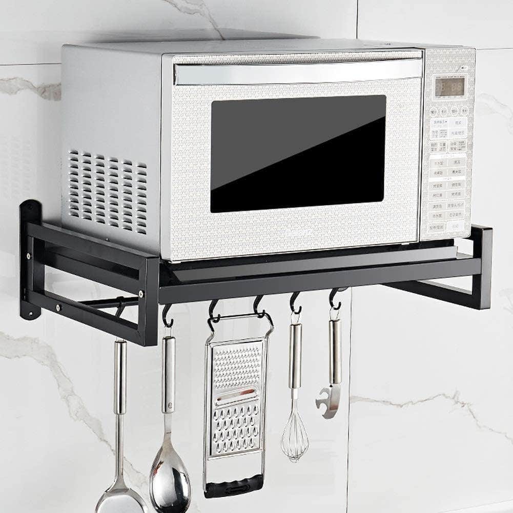 A to Z Hub Black Metal Microwave Oven Stand with Hooks - Wall Mount Shelf Organize Rack