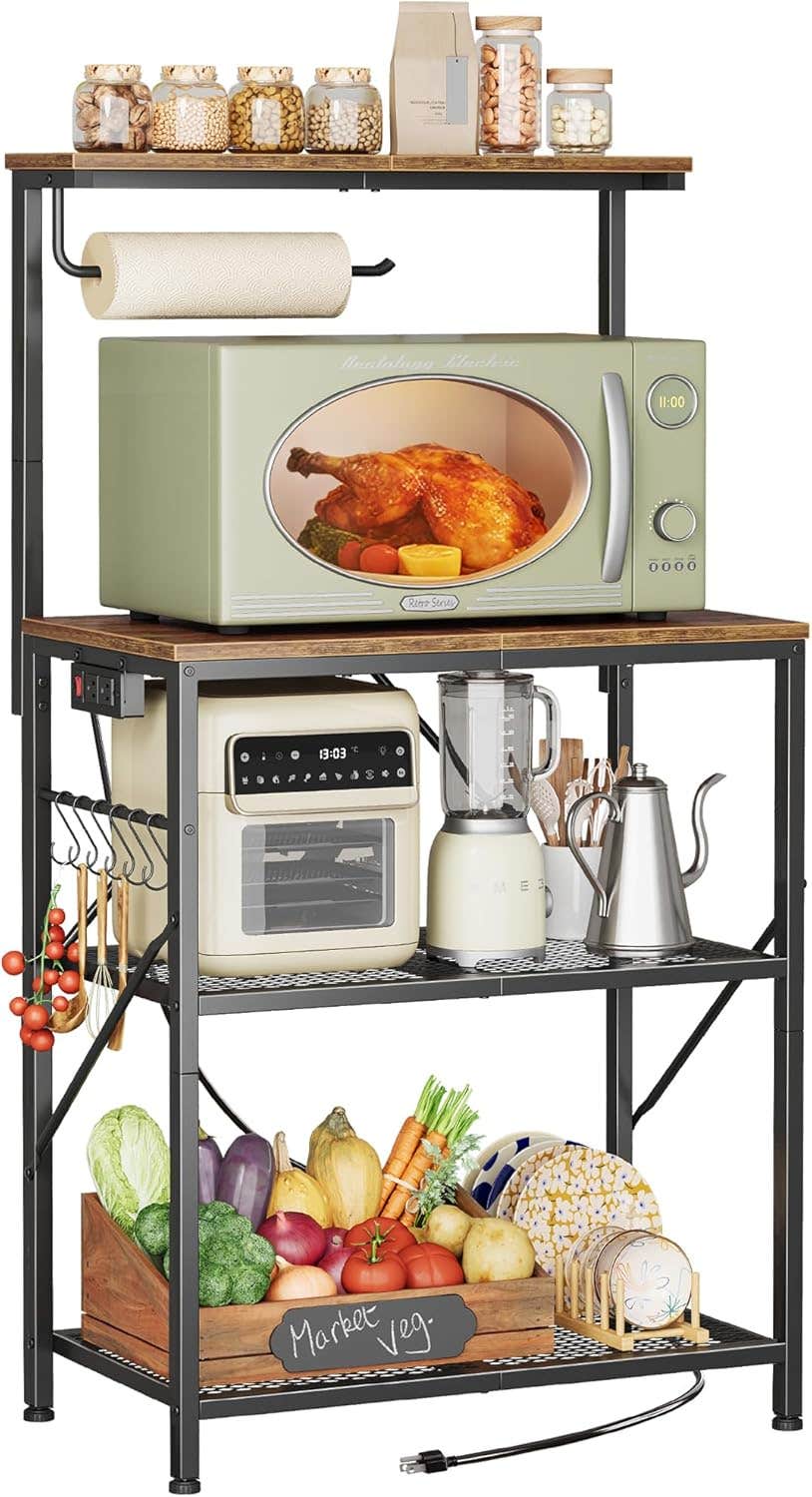 Huuger 4-Tier Bakers Rack with Power Outlet and Paper Towel Holder, Rustic Brown