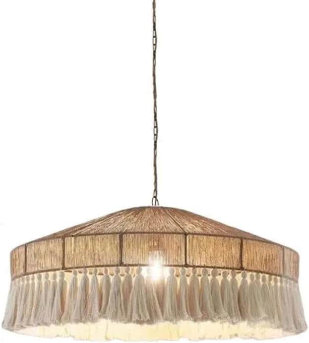Boho Round Chandelier with Natural Cotton Tassels | Beige Clay | Mishkah Lighting