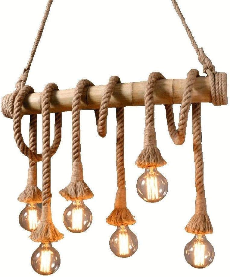 Rustic Red Bamboo Hemp Chandelier - 6-Light Industrial Style Flush Mount