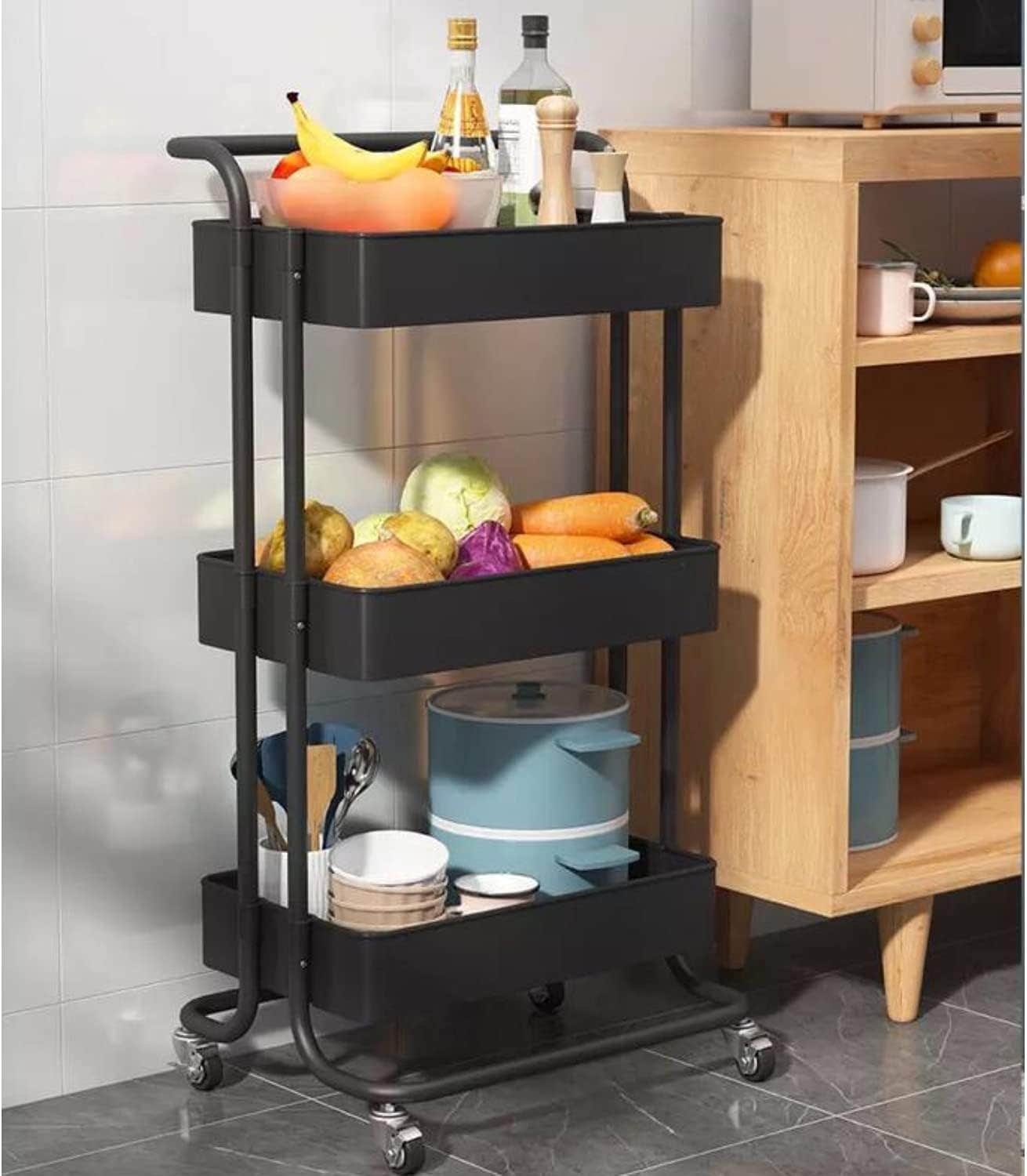 Rolling Kitchen Trolley Cart - Multi-Purpose Organizer Shelf (Black)