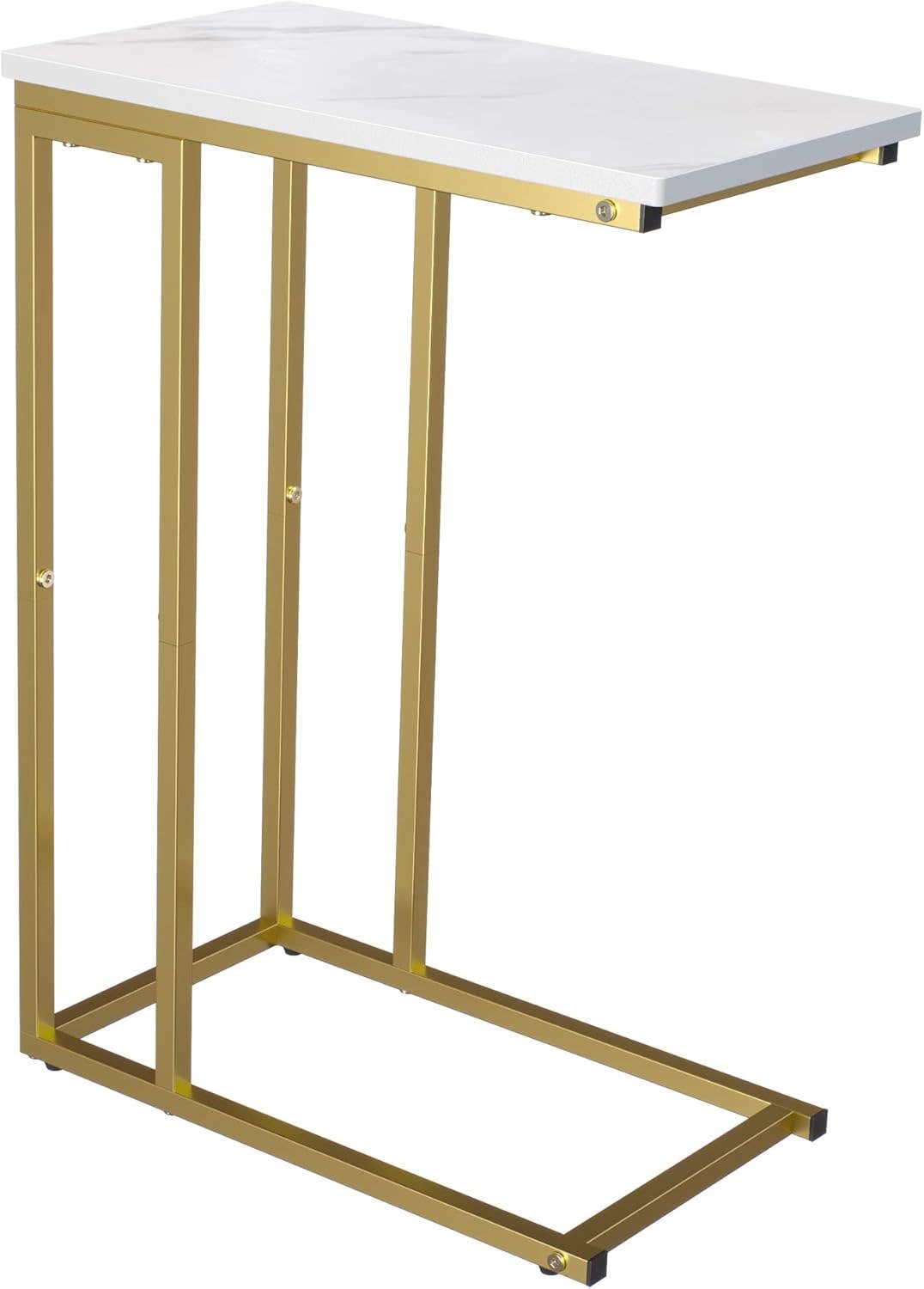 Yusong C Shaped End Table - Gold & Marble White - Adjustable Height - Space Saving