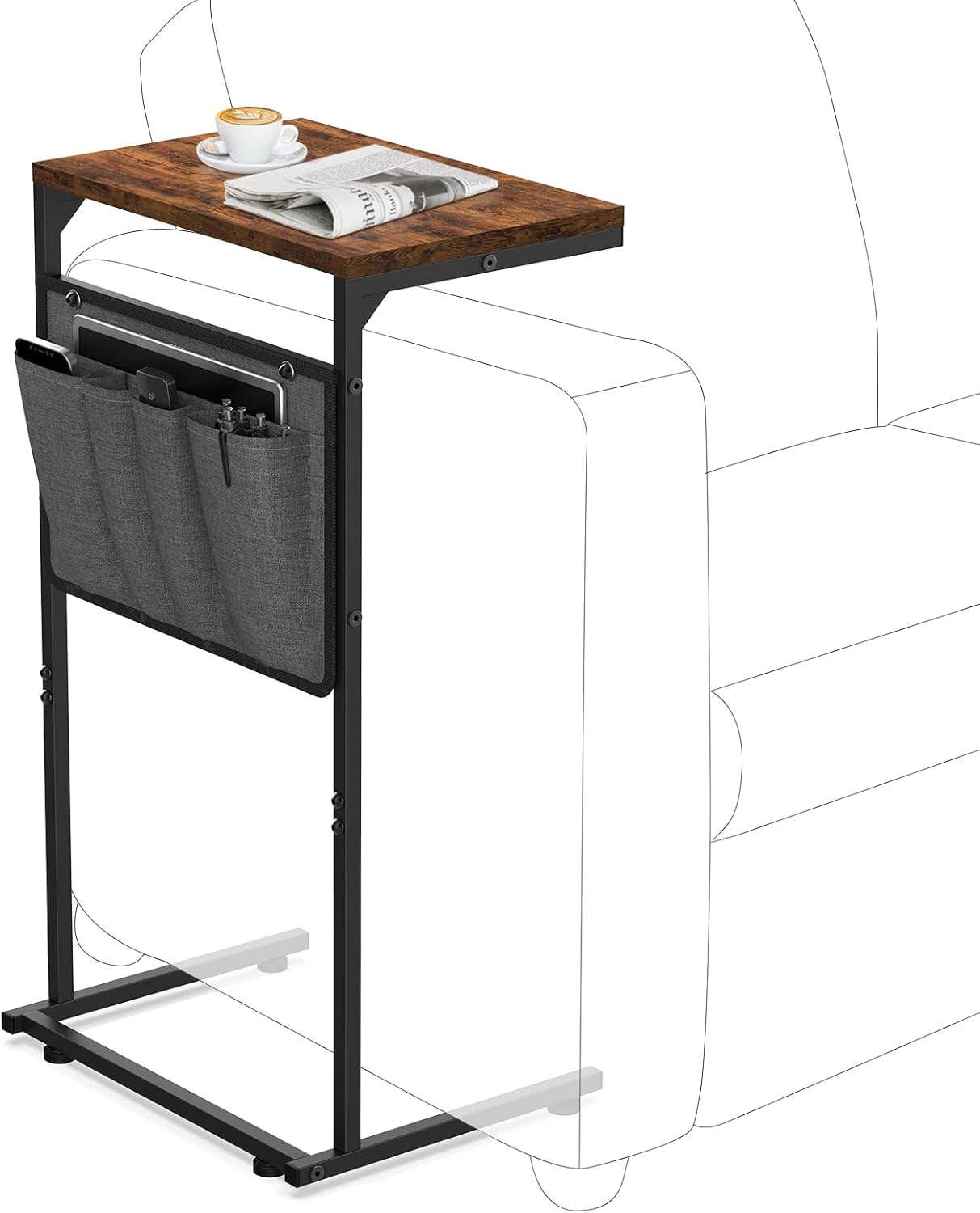 Vantic C Shaped End Table with Storage Bag - Rustic Brown, Small Side Table for Living Room & Bedroom