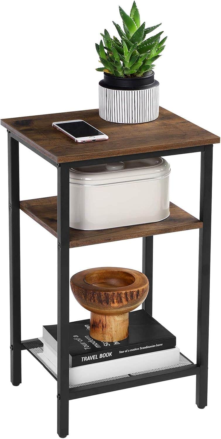 VASAGLE 3-Tier End Table, Steel Frame, Chestnut Brown and Black, Living Room Furniture