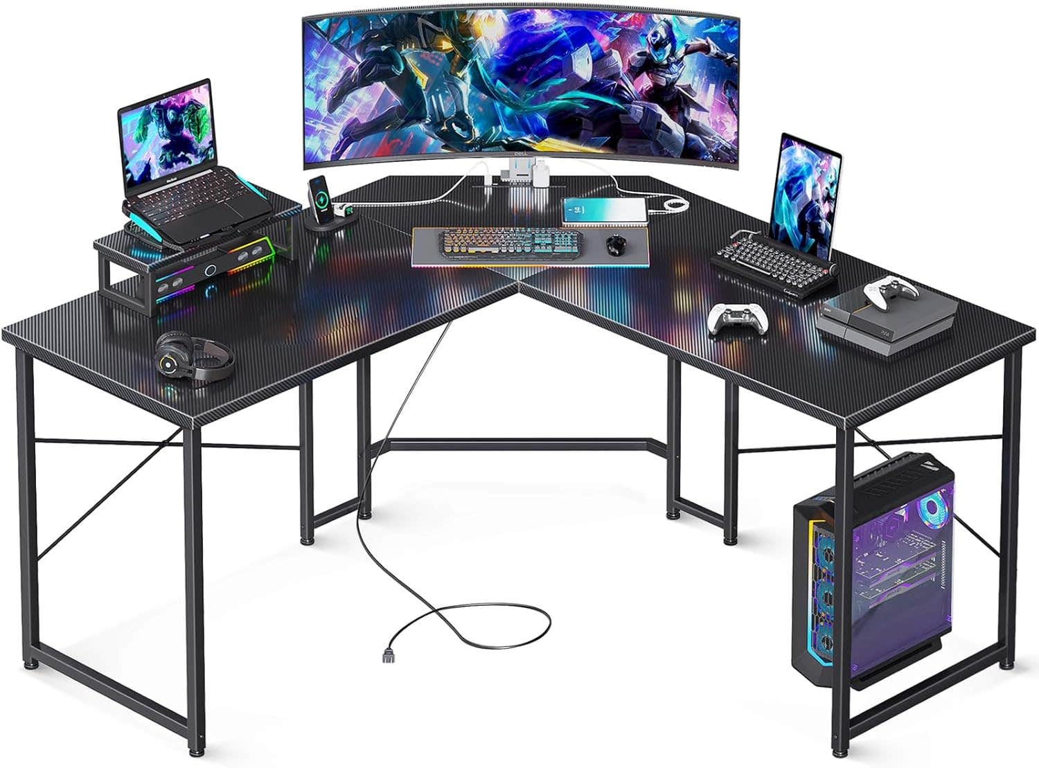 ODK L Shaped Gaming Desk with Monitor Stand, Carbon Fiber Surface - Black